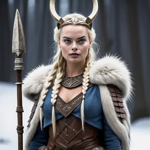 Prompt: Margot Robbie, Norse goddess Skadi, with bow, spear and fur outfit.