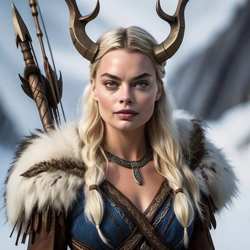 Prompt: Margot Robbie, Norse goddess Skadi, with bow, spear and fur outfit.