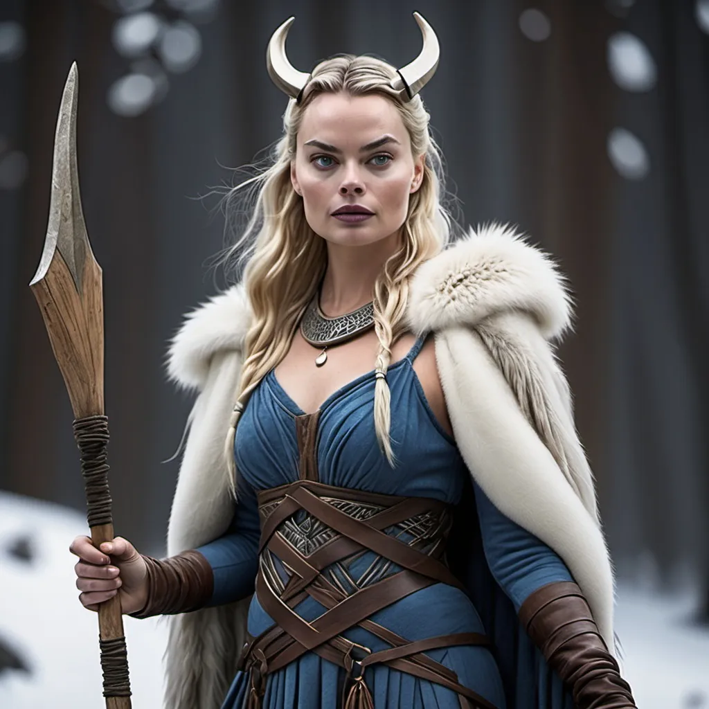 Prompt: Margot Robbie, Norse goddess Skadi, with bow, spear and fur outfit.