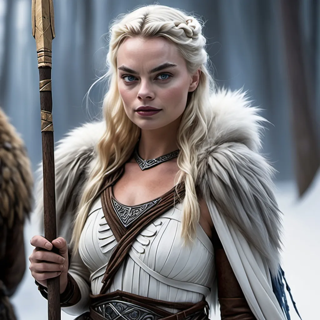 Prompt: Margot Robbie, Norse goddess Skadi, with bow, spear and fur outfit.