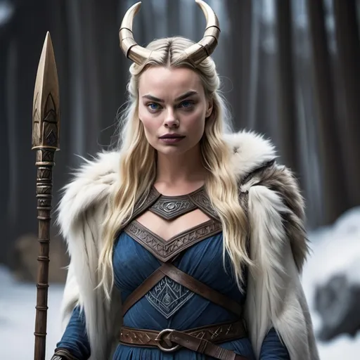 Prompt: Margot Robbie, Norse goddess Skadi, with bow, spear and fur outfit.