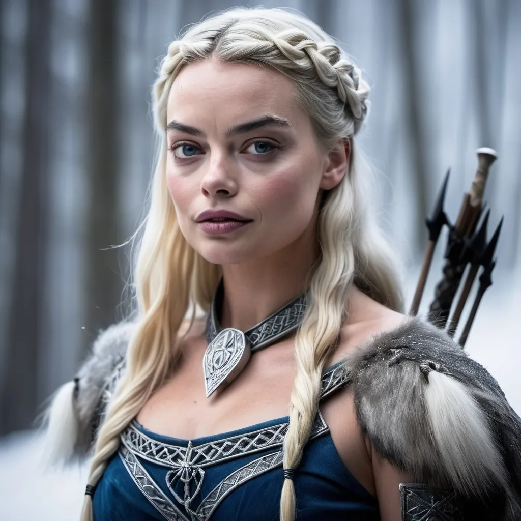 Prompt: margot robbie, nordic goddess Skadi, with bow