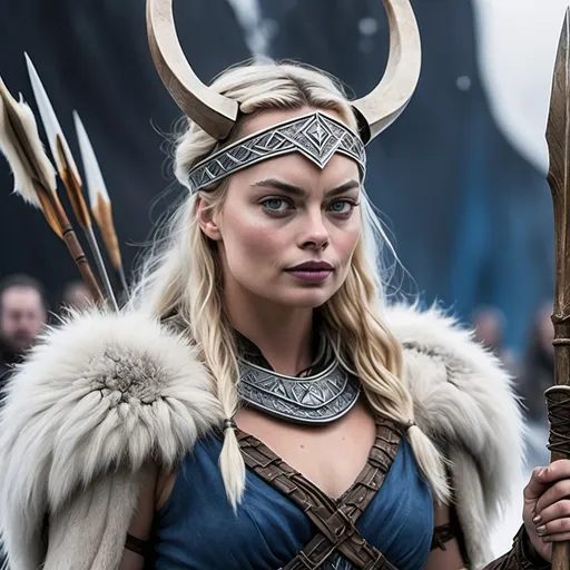 Prompt: Margot Robbie, Norse goddess Skadi, with bow, spear and fur outfit.