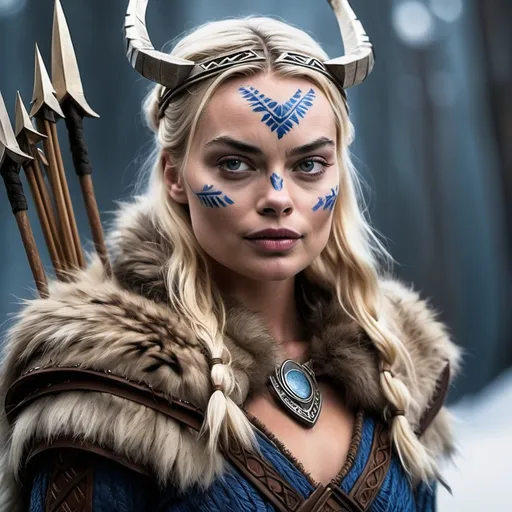 Prompt: Margot Robbie, Norse goddess Skadi, with bow, spear and fur outfit.