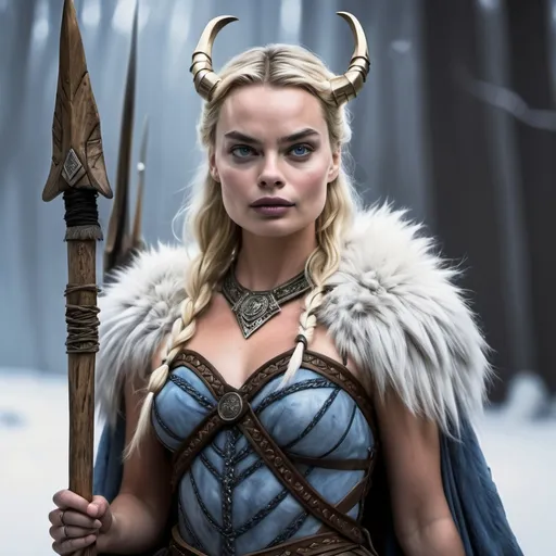 Prompt: Margot Robbie, Norse goddess Skadi, with bow, spear and fur outfit.