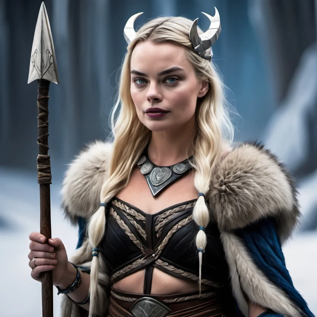 Prompt: Margot Robbie, Norse goddess Skadi, with bow, spear and fur outfit.