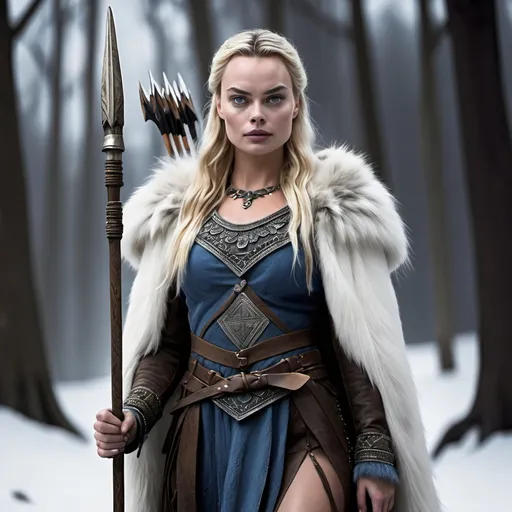 Prompt: Margot Robbie, Norse goddess Skadi, with bow, spear and fur outfit.