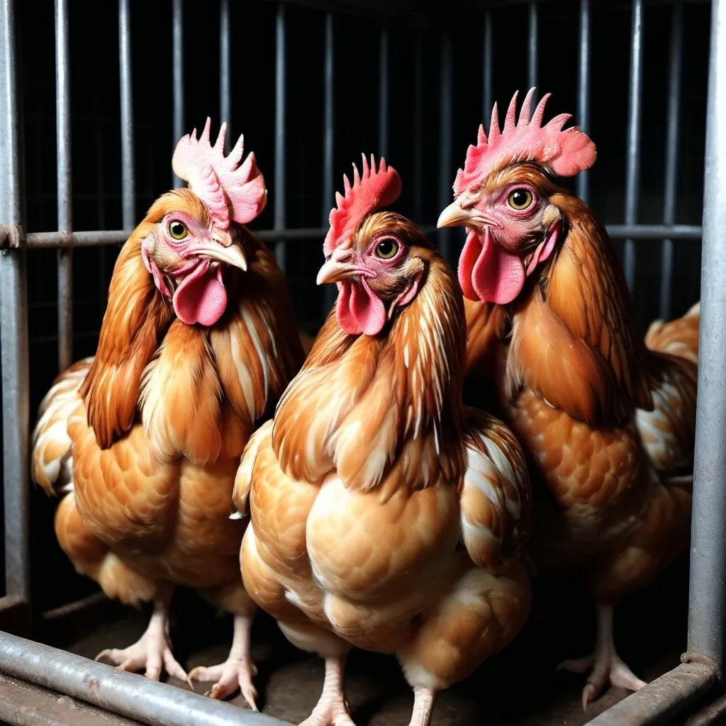 Prompt: Three cute little fluffy ISA brown hens, snuggled up together and looking scared, sat inside a dark, gloomy factory farm cage