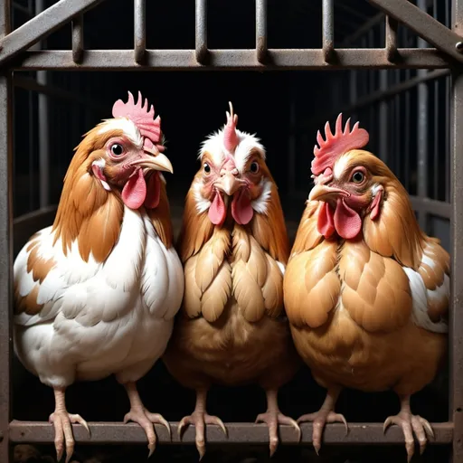 Prompt: Children's book style. Pastel colours. Gloomy background on a factory farm. Three cute little ISA brown hens: one ginger -gold coloured, one with dark brown feathers, and one light-dark-brown feathers. Snuggled up together, looking sad and scared, sat inside a dark, gloomy factory farm cage