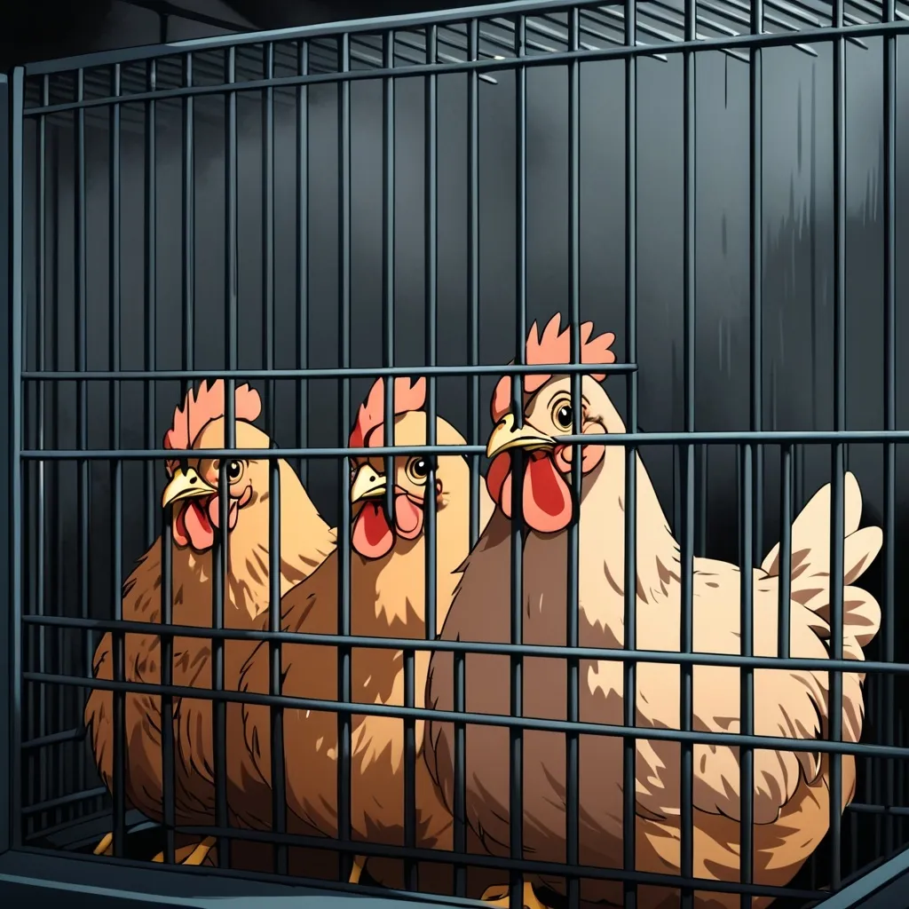 Prompt: Children's book style. Pastel colours. Gloomy background in a factory farm. Three cute, fluffy little ISA brown hens: one ginger -gold coloured, one with dark brown feathers, and one light-dark-brown feathers. Snuggled up together, looking sad and scared, sat inside a dark, gloomy factory farm cage