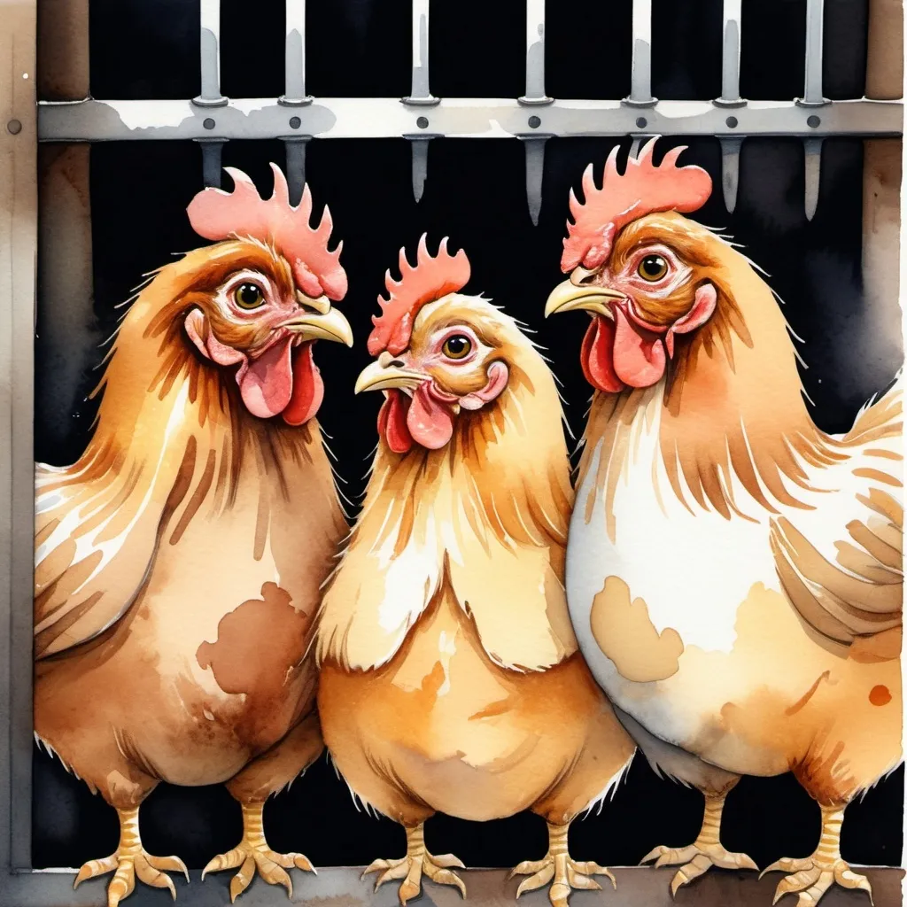 Prompt: In children's book detailed art watercolour style: Three cute little fluffy ISA brown hens; one gold and ginger, one in different shades of dark brown, and one in different shades of light to medium brown. Snuggled up together and looking scared and sad, sat inside a small, dark, gloomy factory farm cage. 