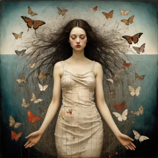 Prompt: Christian Schloe, Tom Everhart, Cy Twombly, David Downton, El Anatsui, Philip Taaffe, Jan Toorop, Koloman Moser)) She dreams of peace of mind, where worries fade into whispers, and the chaos surrenders to serenity, but she can't scape the cruel reminder of the fragility of existence, tearing through the fabric of hope with merciless precision.