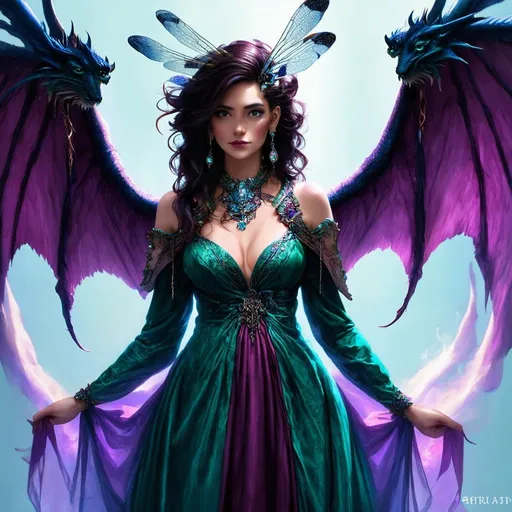 Prompt: Full body portrait of sorceress in ornate gown with dragon fly wings , dramatic lighting, full HD, immense detail, well-lit, intricate patterns, mystical aura, detailed facial features, flowing fabric, ornate jewelry, vibrant color scheme, magical atmosphere, high resolution, detailed embroidery, professional digital art, enchanting, dramatic shadows, mystical, enchanting lighting