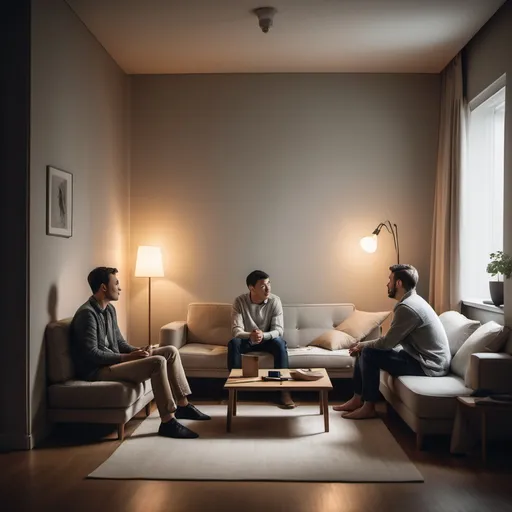 Prompt: "Two humans are sitting in a room. One man is seated on a bed, while two other people are sitting on a sofa. The room is cozy and well-lit, with simple yet stylish furniture. The mood is relaxed, with soft lighting casting gentle shadows on the walls. The people are engaged in casual conversation, creating a peaceful atmosphere."