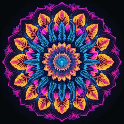 Prompt: (psychedelic mandala logo), intricate patterns, vibrant colors, electric blues, neon pinks, glowing yellows, swirling patterns, spiritual symbol motifs, kaleidoscope effect, mesmerizing design, glowing accents, otherworldly, sense of wonder, detailed and abstract elements, dynamic symmetry, trippy visuals, vivid contrast, 4K resolution, ultra-detailed, stunning graphic design, high-quality finish, with cannabis leaves
