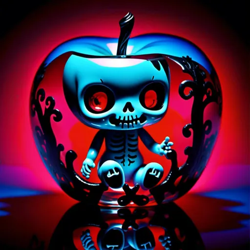 Prompt: <mymodel>Vibrant pop art illustration of a transparent glass apple with daark doll inside sculpture, bold colors, high contrast, detailed glasswork, glossy finish, high quality, misc-macabre, vibrant pop art, bold colors, high contrast, detailed glasswork, glossy finish