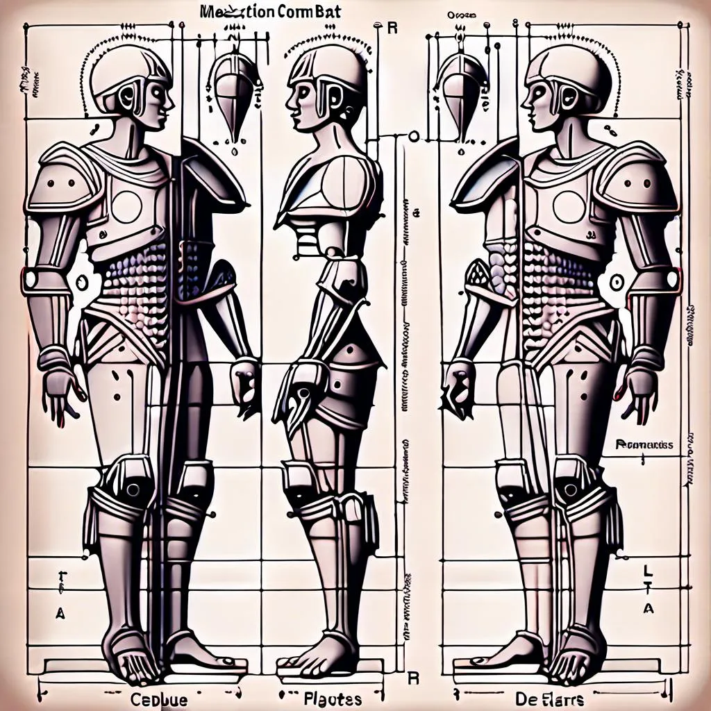 Prompt: Des plans techniques pour cette machine de combat : 1. Le corps est compose de plaques rivetees pour offrir une protection maximale. 2. La tete est disproportionnee par rapport au corps pour offrir une plus grande capacite de vue et de perception. 3. Les yeux globuleux et injectes de sang sont une reference aux yeux de la Mythologie Grecque. 4. La bouche est grande et garnie de dents acerees pour offrir une plus grande destructiveit. 5. Les griffes puissantes ou les armes integrees sont une reference aux machines de guerre des temps anciens.<mymodel>