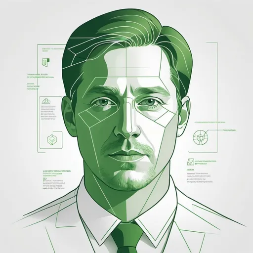 Prompt: Minimalist digital illustration of Allen Tupper True, dynamic composition, green and white, les automatistes, diagram, man's face, professional, clean lines, modern, simple design, high quality, info sheet, white space, focused details, clear and precise, minimalist style, informative, professional lighting