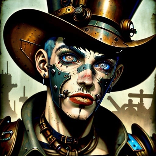 Prompt: Character portrait in steampunk artstyle, man with a weird face and nose, black nose ring, Enki Bilal, neo-primitivism, punk, detailed facial features, rusty metallic tones, industrial setting, retro-futuristic elements, steampunk aesthetic, eccentric character, highres, detailed, steampunk, rusty tones, industrial, retro-futuristic, detailed facial features, eccentric, character portrait