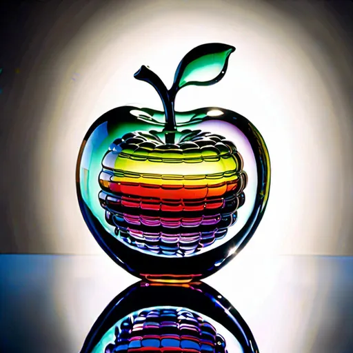 Prompt: <mymodel> <mymodel>Vibrant pop art illustration of a transparent glass apple sculpture, shiny and reflective surface, bold colors, high contrast, detailed glasswork, glossy finish, artistic interpretation, modern pop art, transparent glass, vibrant colors, high quality, detailed reflections, glossy finish, striking pop art style, bold and vibrant, contemporary art, shiny surface; ce qui donne cette image 