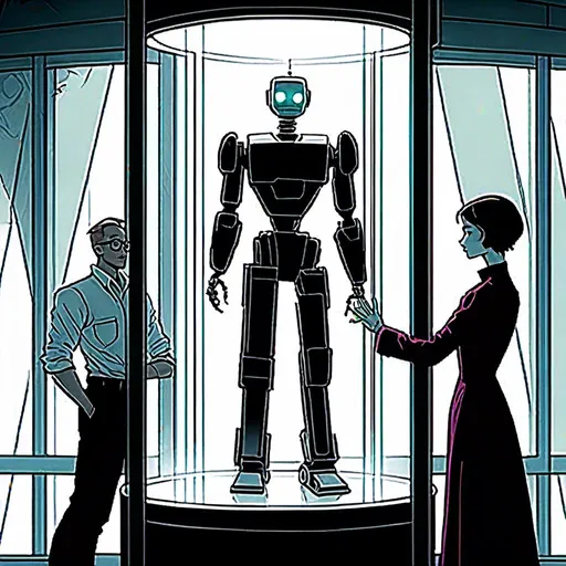 Prompt: <mymodel>storyscript, storytelling, comic of a robot standing next to a machine in a glass case with a man inside of it, Artgerm, panfuturism, ex machina, concept art