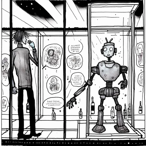 Prompt: <mymodel><mymodel>a robot standing next to a machine in a glass case with a man inside of it, Artgerm, panfuturism, ex machina, concept art robot stortelling of  panels of comic for manga, with speech bubbles. white and empty Speech bubbles, double page, surreal atmosphere, symbolic representation, high contrast, deep shadows, monochromatic, digital rendering, high quality, minimalist, conceptual art, graffiti style, abstract, surreal, symbolic, atmospheric lighting, comic édition. full strory comic love robot, white and empty Speech bubbles, stortelling  a robot standing next to a machine in a glass case with a man inside of it, Artgerm, panfuturism, ex machina, concept art