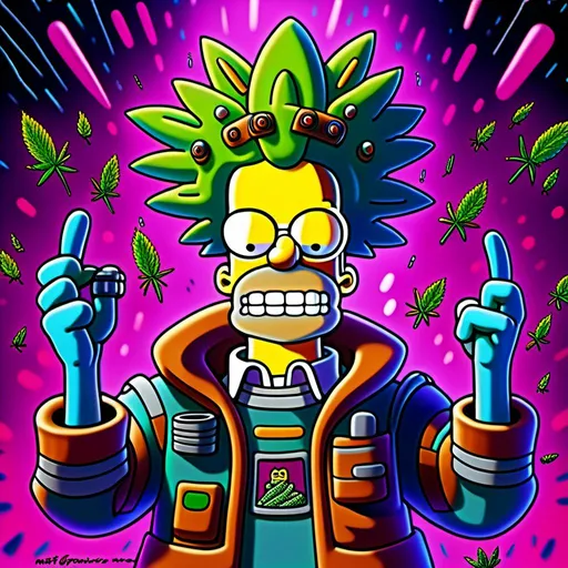 Prompt: Anime by Matt Groening, illustration of Simpson caractère with cannabis outfit  by Matt Groening; futuristic sci-fi setting, detailed characters, colorful and vibrant, highres, anime by Matt Groening, sci-fi, futuristic, detailed characters, vibrant colors, professional  Matt Groening, dynamic lighting<mymodel>