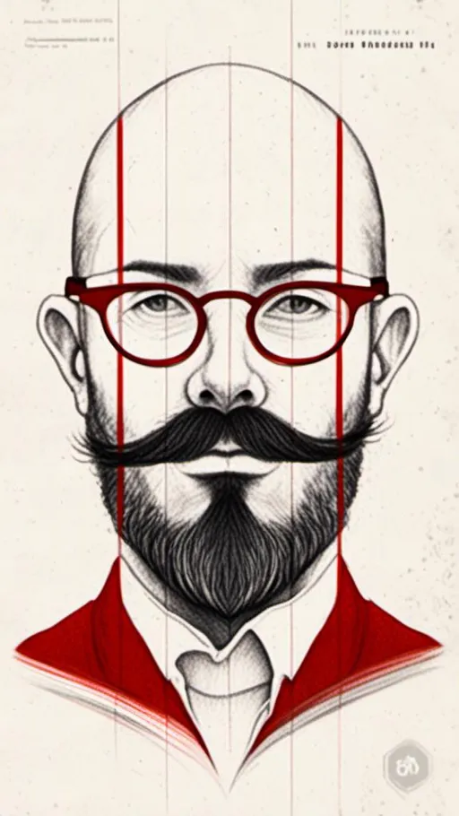 Prompt: <mymodel>Bearded man drawn like a logo, whit mustache,no hair, bald head, White cotton t-shirt with horizontal red stripes very regular and 1cm large, round glasses, high quality, detailed design, minimalistic, professional lighting, cool tones, minimalist style, highres, detailed facial hair, mature, sophisticated, cool tones, minimalistic, focused lighting<mymodel>