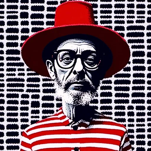 Prompt: <mymodel><mymodel>a man with a beard and glasses wearing a hat and a red and white shirt and a red and white striped shirt, Eddie Campbell, maximalism, maximalist, a flemish Baroque