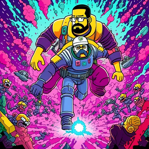 Prompt: <mymodel>Anime by Matt Groening, illustration of Homer Simpson kill the cat by Matt Groening; futuristic sci-fi setting, detailed characters, colorful and vibrant, highres, anime by Matt Groening, sci-fi, futuristic, detailed characters, vibrant colors, professional  Matt Groening, dynamic lighting