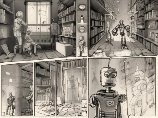 Prompt: <mymodel>love robot stortelling of  panels of comic for manga, double page, surreal atmosphere, symbolic representation, high contrast, deep shadows, monochromatic, digital rendering, high quality, minimalist, conceptual art, graffiti style, abstract, surreal, symbolic, atmospheric lighting, comic édition. full strory comic love robot stortelling 