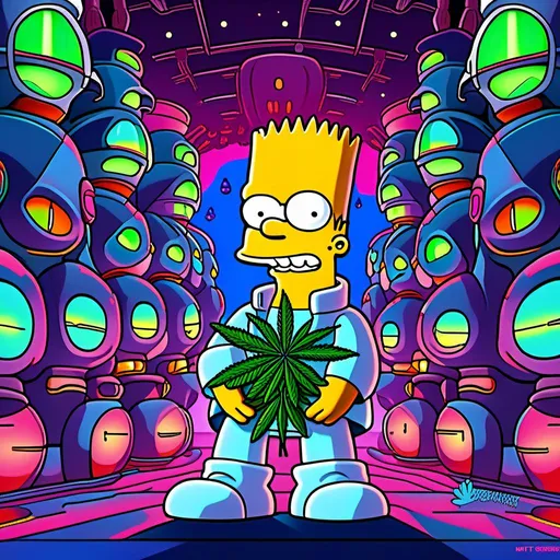 Prompt: Anime by Matt Groening, illustration of Simpson caractère with cannabis outfit  by Matt Groening; futuristic sci-fi setting, detailed characters, colorful and vibrant, highres, anime by Matt Groening, sci-fi, futuristic, detailed characters, vibrant colors, professional  Matt Groening, dynamic lighting<mymodel>