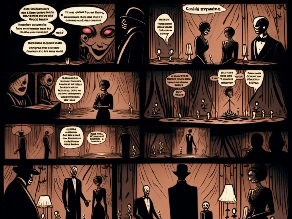 Prompt: stroyboard, storytelling, script comic book; Mysterious performers in a cabaret noir, eerie gothic <mymodel>setting, dimly lit stage, ominous atmosphere, detailed makeup, highres, detailed, misc-macabre, dark tones, gothic, vintage, atmospheric lighting; stroyboard, storytelling, script comic book