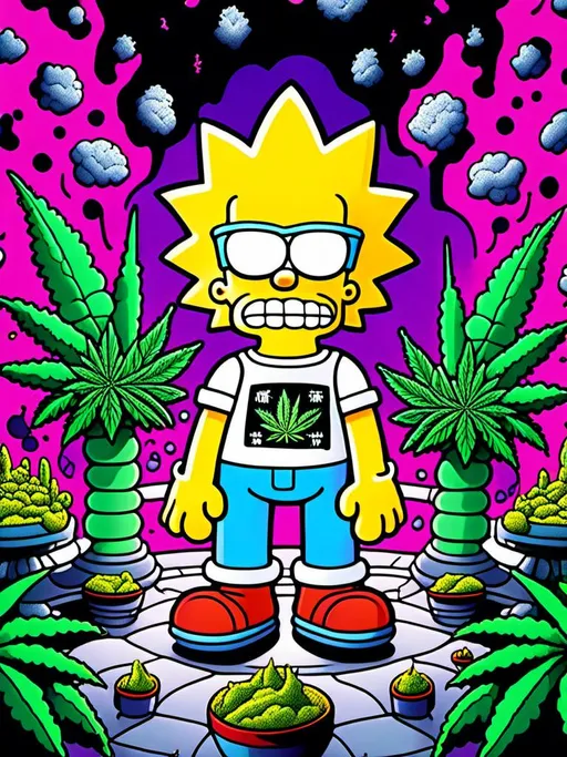 Prompt: Anime by Matt Groening, illustration of Bart Simpson with cannabis outfit  by Matt Groening; futuristic sci-fi setting, detailed characters, colorful and vibrant, highres, anime by Matt Groening, sci-fi, futuristic, detailed characters, vibrant colors, professional  Matt Groening, dynamic lighting<mymodel>