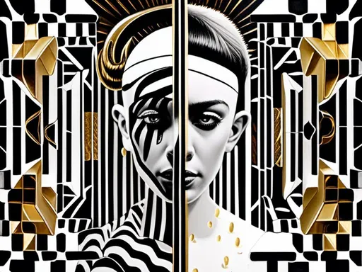 Prompt: Op art, collage, goldblocks, brutalism, arabic calligraphy graffiti black and white portrait by christian hilfgott brand, behance contest winner, pop surrealism, behance hd, dc comics, reimagined by industrial light and magic gold and epic<mymodel>