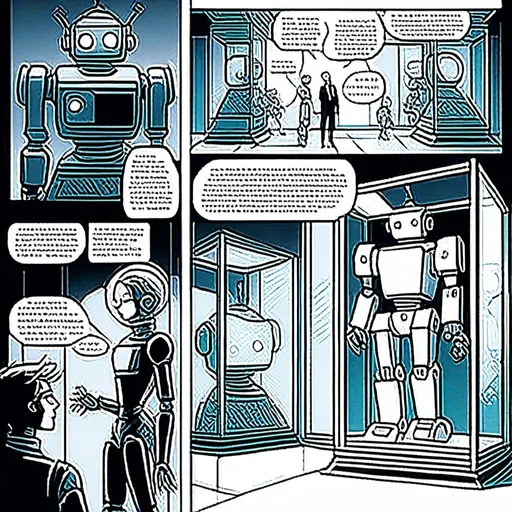 Prompt: <mymodel>a robot standing next to a machine in a glass case with a man inside of it, Artgerm, panfuturism, ex machina, concept art robot stortelling of  panels of comic for manga, with speech bubbles. white and empty Speech bubbles, double page, surreal atmosphere, symbolic representation, high contrast, deep shadows, monochromatic, digital rendering, high quality, minimalist, conceptual art, graffiti style, abstract, surreal, symbolic, atmospheric lighting, comic édition. full strory comic love robot, white and empty Speech bubbles, stortelling  a robot standing next to a machine in a glass case with a man inside of it, Artgerm, panfuturism, ex machina, concept art