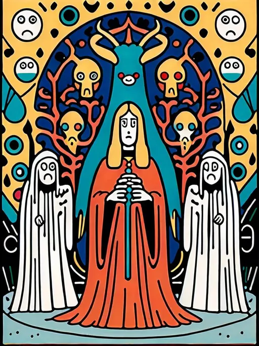 Prompt: Anime by Matt Groening, illustration of  la mythologie des Druides. Les Druides sont des pretresses et des preneurs de decisions en Irlande et en Gaule. Leur mythologie est remplie de créatures bizarres, de magies puissantes et de legendes folles. Ils croient en un dieu appelé Lugh, qui est le dieu de la lumiere et de la sagesse. Les Druides ont une relation unique avec la nature, ils utilisent les plantes et les animaux pour leur offrir des services spirituels et medicaux.  by Matt Groening; futuristic sci-fi setting, detailed characters, colorful and vibrant, highres, anime by Matt Groening, sci-fi, futuristic, detailed characters, vibrant colors, professional  Matt Groening, dynamic lighting<mymodel>