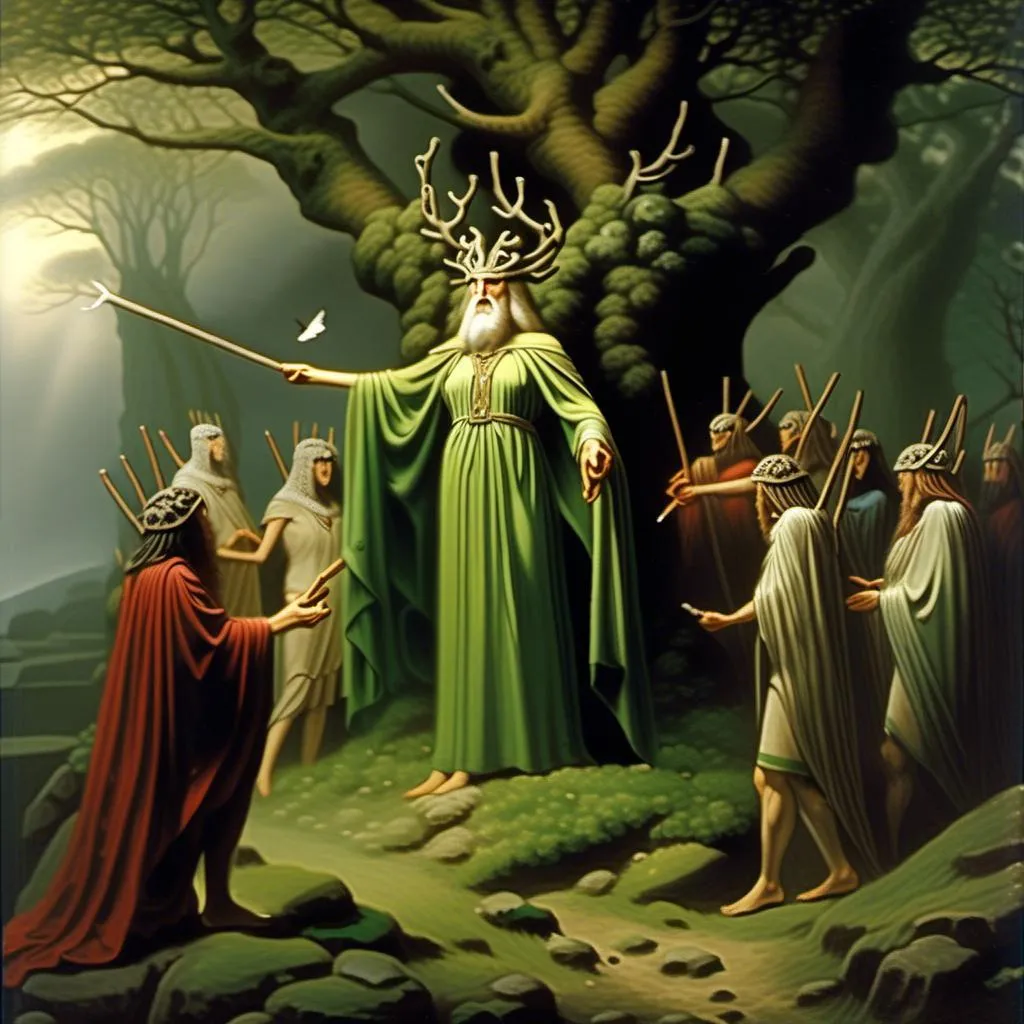 Prompt:  la mythologie des Druides. Les Druides sont des pretresses et des preneurs de decisions en Irlande et en Gaule. Leur mythologie est remplie de créatures bizarres, de magies puissantes et de legendes folles. Ils croient en un dieu appelé Lugh, qui est le dieu de la lumiere et de la sagesse. Les Druides ont une relation unique avec la nature, ils utilisent les plantes et les animaux pour leur offrir des services spirituels et medicaux.<mymodel>