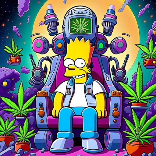 Prompt: Anime by Matt Groening, illustration of Simpson caractère with cannabis outfit  by Matt Groening; futuristic sci-fi setting, detailed characters, colorful and vibrant, highres, anime by Matt Groening, sci-fi, futuristic, detailed characters, vibrant colors, professional  Matt Groening, dynamic lighting<mymodel>