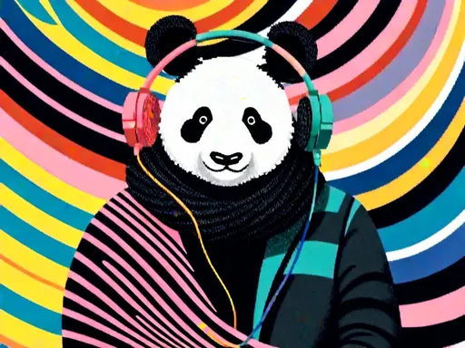 Prompt: <mymodel>Illustration of music in ads-corporate style, panda and loepard color tones, symbolism, cloudcore, endercore, wavy lines and organic shapes, black background, high quality, ads-corporate, panda symbolism, cloudcore, endercore, wavy lines, organic shapes, professional, atmospheric lighting