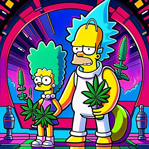 Prompt: Anime by Matt Groening, illustration of Simpson caractère with cannabis outfit  by Matt Groening; futuristic sci-fi setting, detailed characters, colorful and vibrant, highres, anime by Matt Groening, sci-fi, futuristic, detailed characters, vibrant colors, professional  Matt Groening, dynamic lighting<mymodel>