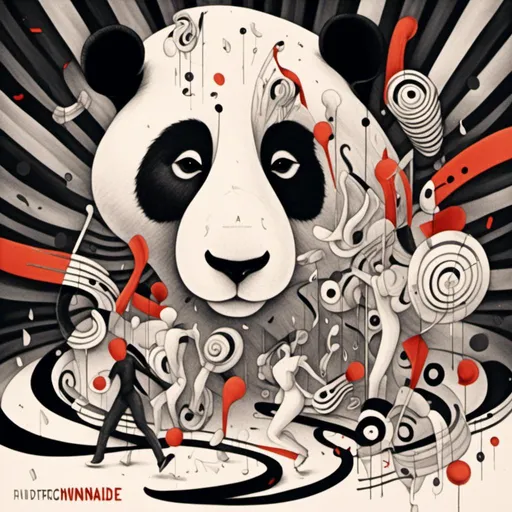 Prompt: <mymodel>Illustration of music in ads-corporate style, panda and loepard color tones, symbolism, cloudcore, endercore, wavy lines and organic shapes, black background, high quality, ads-corporate, panda symbolism, cloudcore, endercore, wavy lines, organic shapes, professional, atmospheric lighting