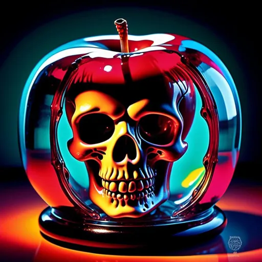 Prompt: <mymodel>Vibrant pop art illustration of a transparent glass apple with skull inside sculpture, bold colors, high contrast, detailed glasswork, glossy finish, high quality, misc-macabre, vibrant pop art, bold colors, high contrast, detailed glasswork, glossy finish