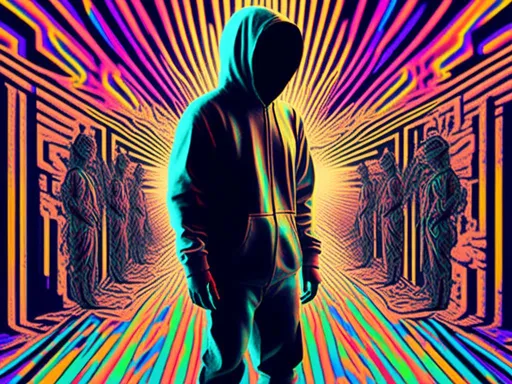 Prompt: <mymodel> full body shot, Cosmic celebration in psychedelic glitch art, glitch God, psychedelic and glitchy, cosmic drama, Insane 40 yr  glitch maker with goatee, insane laugh, glitched out eyes, black glitchy hoodie, dystopian background, cosmic giggle, divine laughter, intense facial emotions, divine madness,  glitch meme magic, strange, bizarre, weird, fine details, highest quality