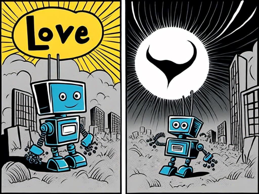 Prompt: <mymodel>love robot stortelling of  panels of comic for manga, double page, surreal atmosphere, symbolic representation, high contrast, deep shadows, monochromatic, digital rendering, high quality, minimalist, conceptual art, graffiti style, abstract, surreal, symbolic, atmospheric lighting, comic édition. full strory comic love robot stortelling 