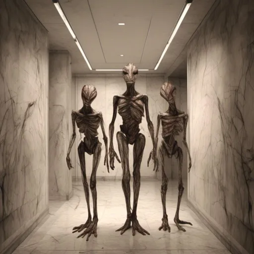 Prompt: <mymodel>a creepy looking creature with a large head and two smaller heads on his body in a hallway with a wall, shock art, hyper real, a 3D render