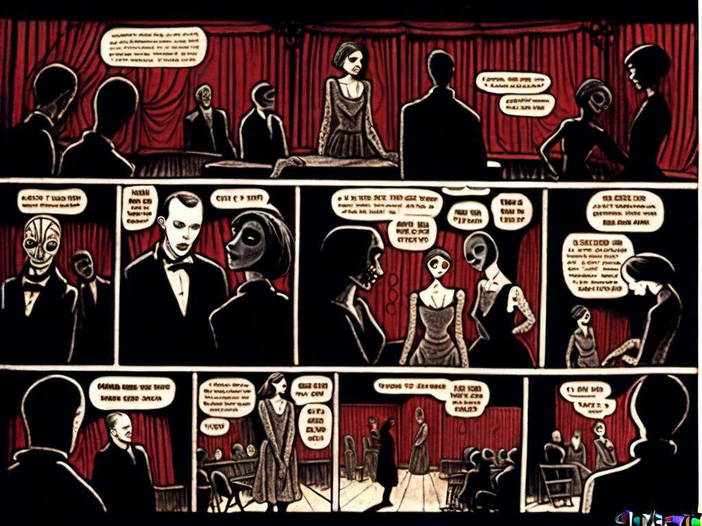 Prompt: stroyboard, storytelling, script comic book; Mysterious performers in a cabaret noir, eerie gothic <mymodel>setting, dimly lit stage, ominous atmosphere, detailed makeup, highres, detailed, misc-macabre, dark tones, gothic, vintage, atmospheric lighting; stroyboard, storytelling, script comic book