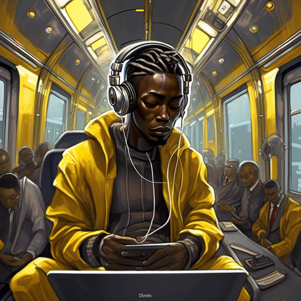 Prompt: a man with headphones and a laptop in a train car with lights on the ceiling and a yellow light, Android Jones, afrofuturism, cyborg, cyberpunk art<mymodel>