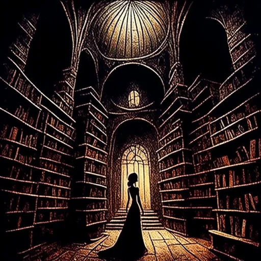 Prompt: <mymodel>Surreal, ancient library with towering stacks of books, labyrinthine aisles, cavernous silence, hushed whispers, detailed graffiti-style artwork, dancing shadows, dreamlike atmosphere, bygone era, atmospheric lighting, dark tones, mysterious, ethereal, intricate details, professional, artistic