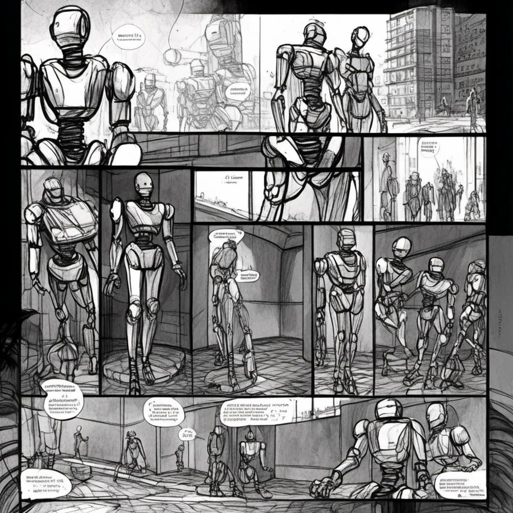 Prompt: <mymodel>Love robot storytelling in manga comic panels, surreal atmosphere, symbolic representation, high contrast, deep shadows, monochromatic, digital rendering, high quality, mini comic edition, full story comic, futuristic, dreamlike, detailed mechanical designs, emotional storytelling, manga style, double-page spread, professional, atmospheric lighting